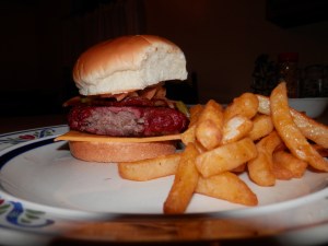 Bacon cheeseburger with cheddar cheese & seasoned fries YUM!
